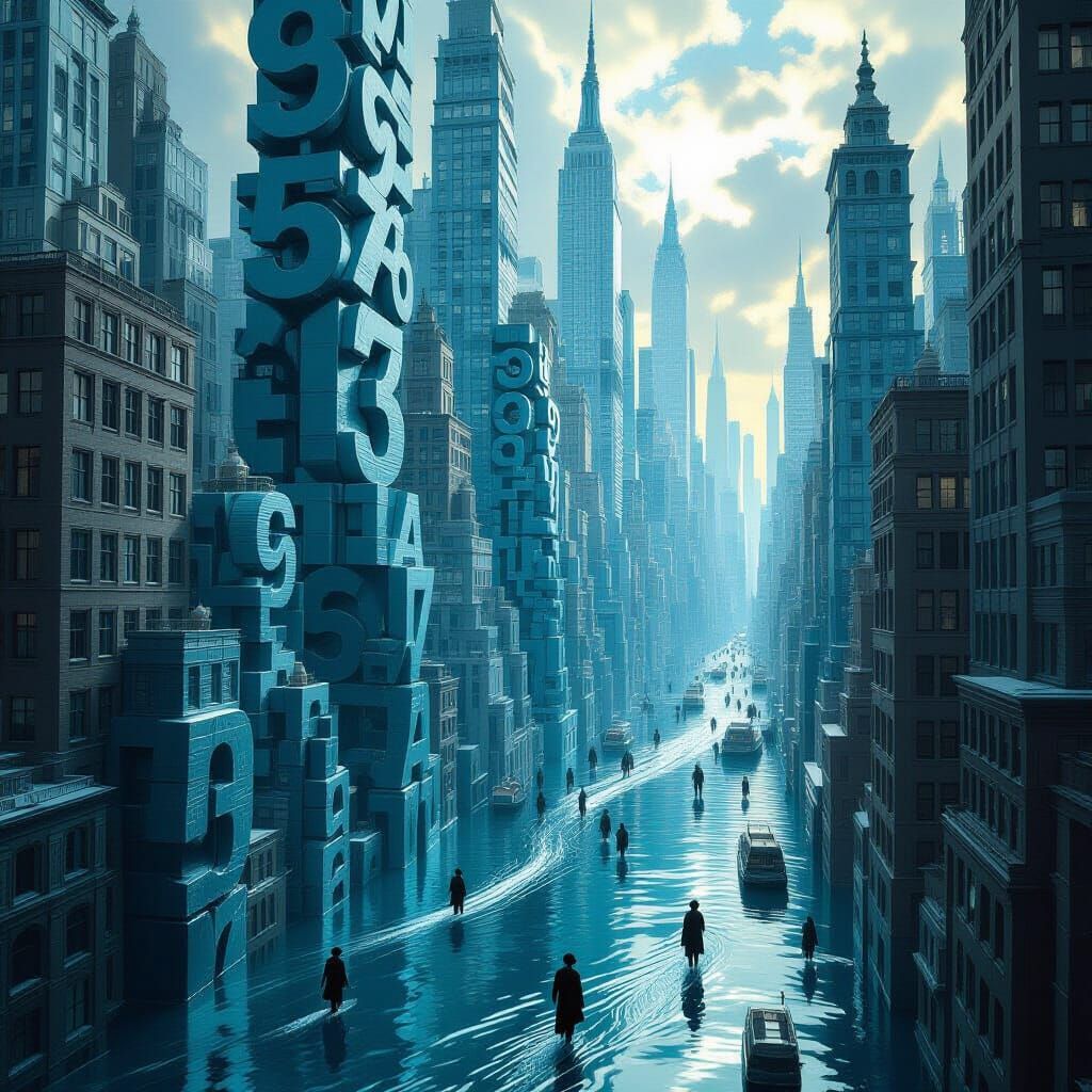 Surreal Cityscape of Number Buildings and Ink Rivers