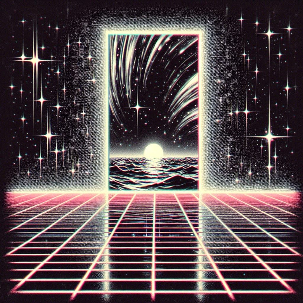 Surreal Portal to Synthwave Sea in Black and White