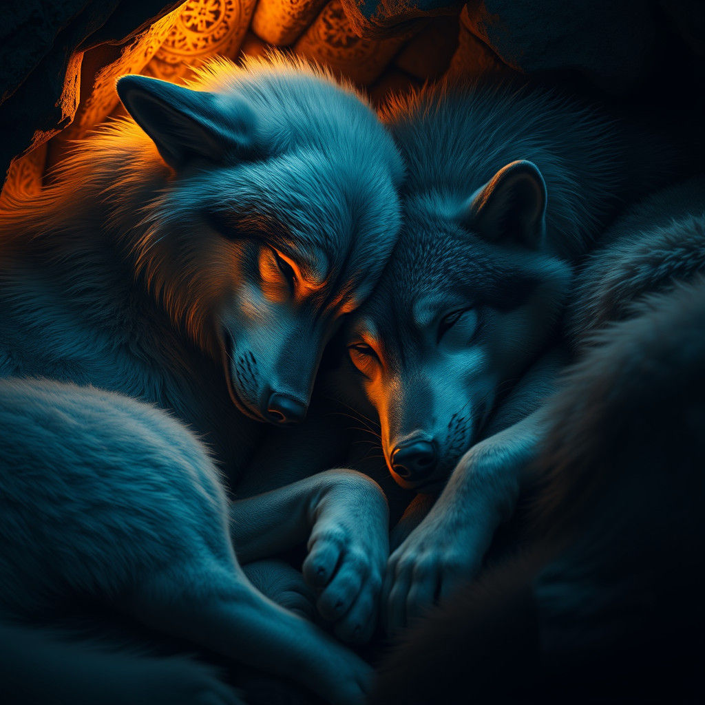Wolves Snuggle in Fantasy Den: Matte Painting