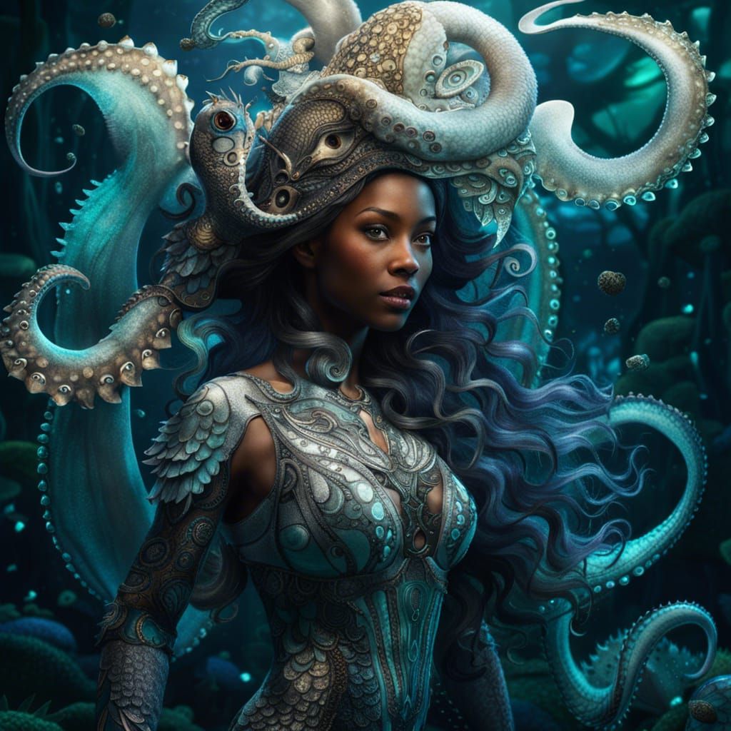 Dramatic Mermaid-Octopus with Luminescent Cuttlefish