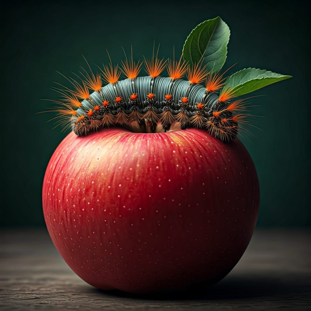 Inchworm Caterpillar on Apple in Hyperrealistic Style