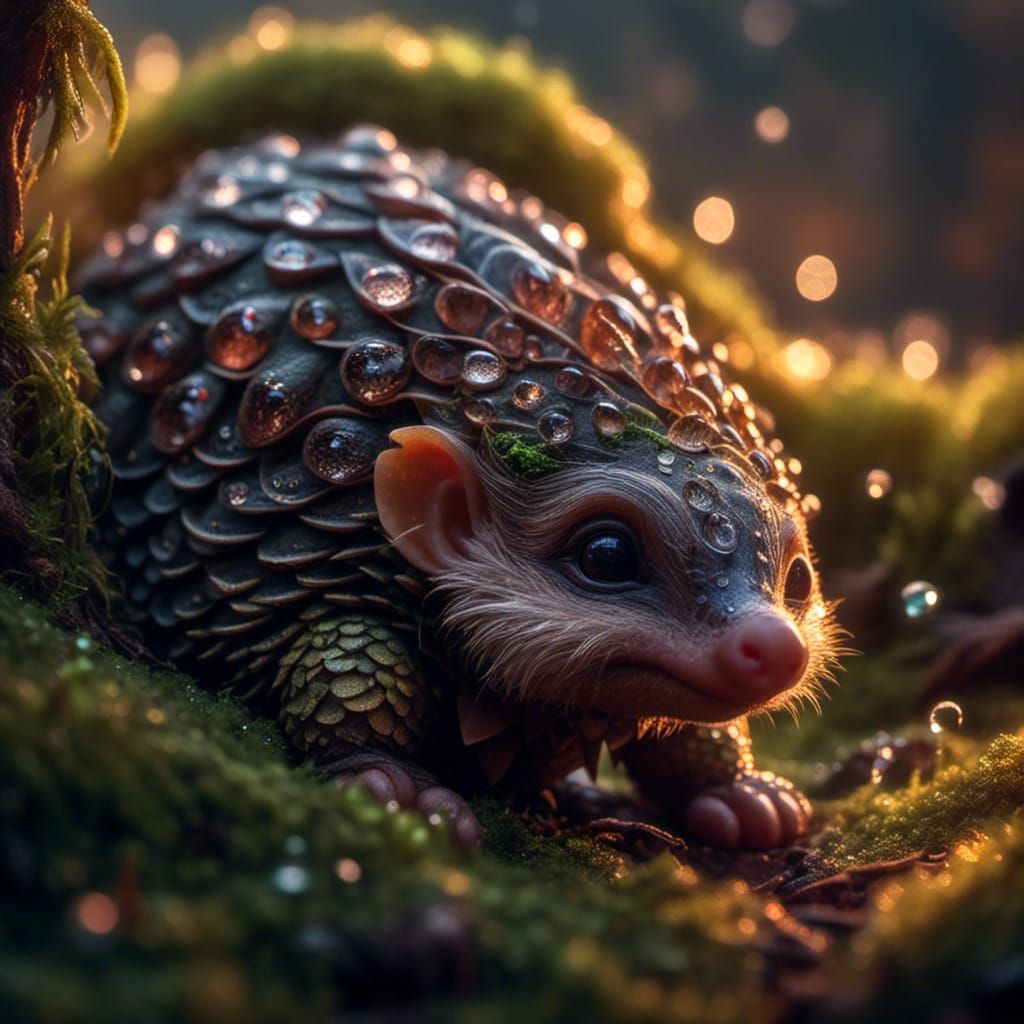 Baby Pangolin Sleeping in Moss with Dew Drops