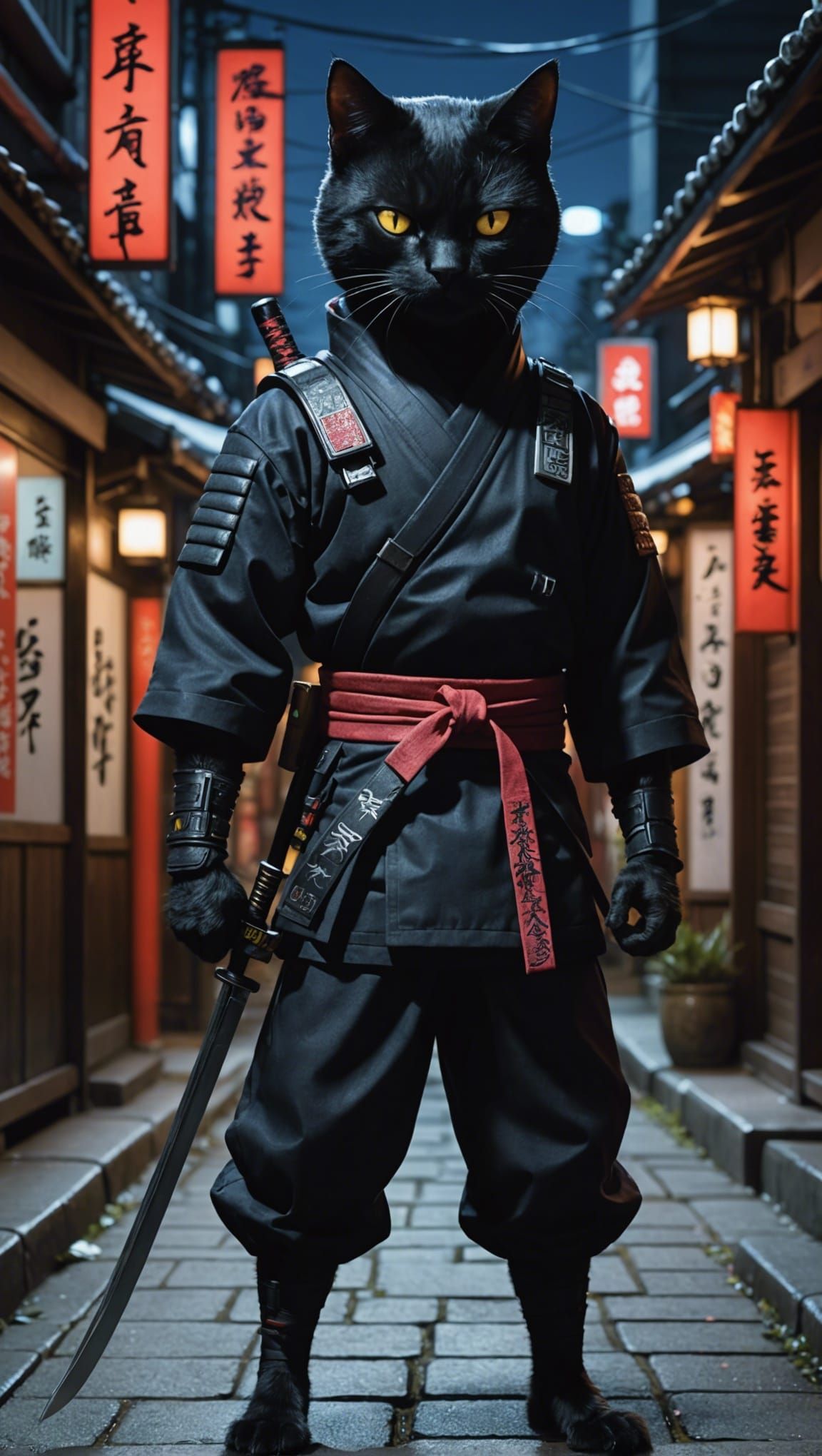 Ninja Cat in Japanese Alleyway with Neon Signs