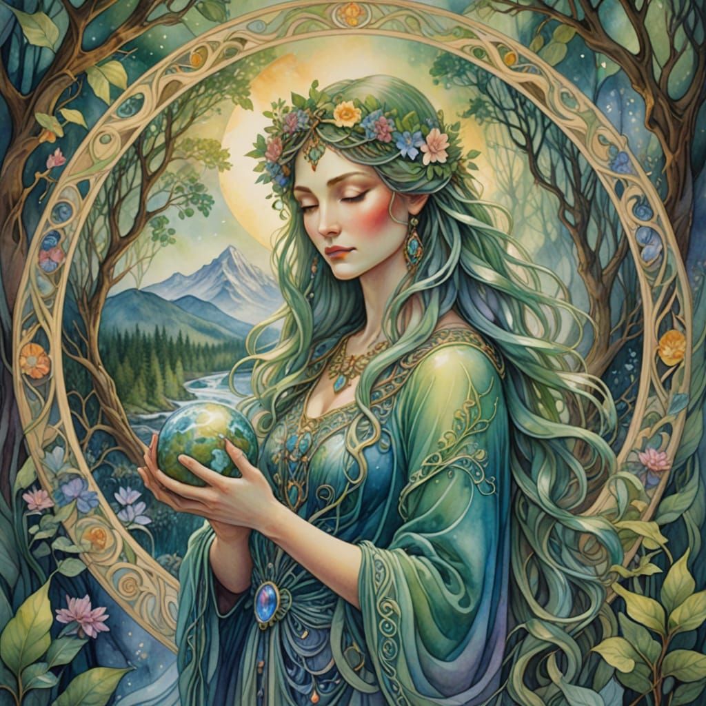 Ethereal Mother Earth Goddess in Watercolor