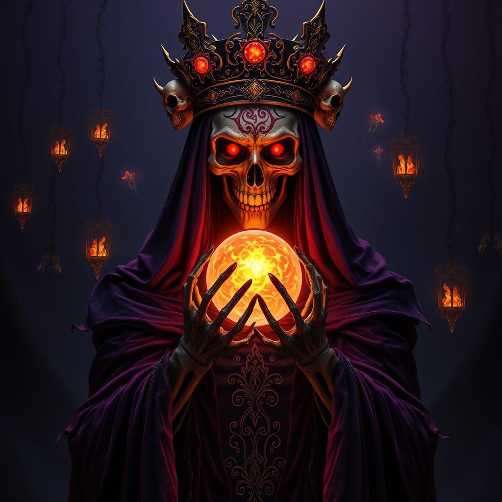 Ethereal Dark Fantasy Figure with Glowing Red Eyes and Skull...