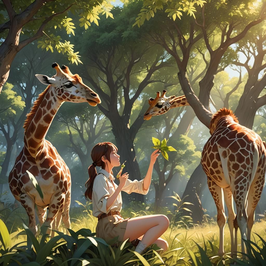 Anime Girl Feeds Giraffe in Sunny Savannah