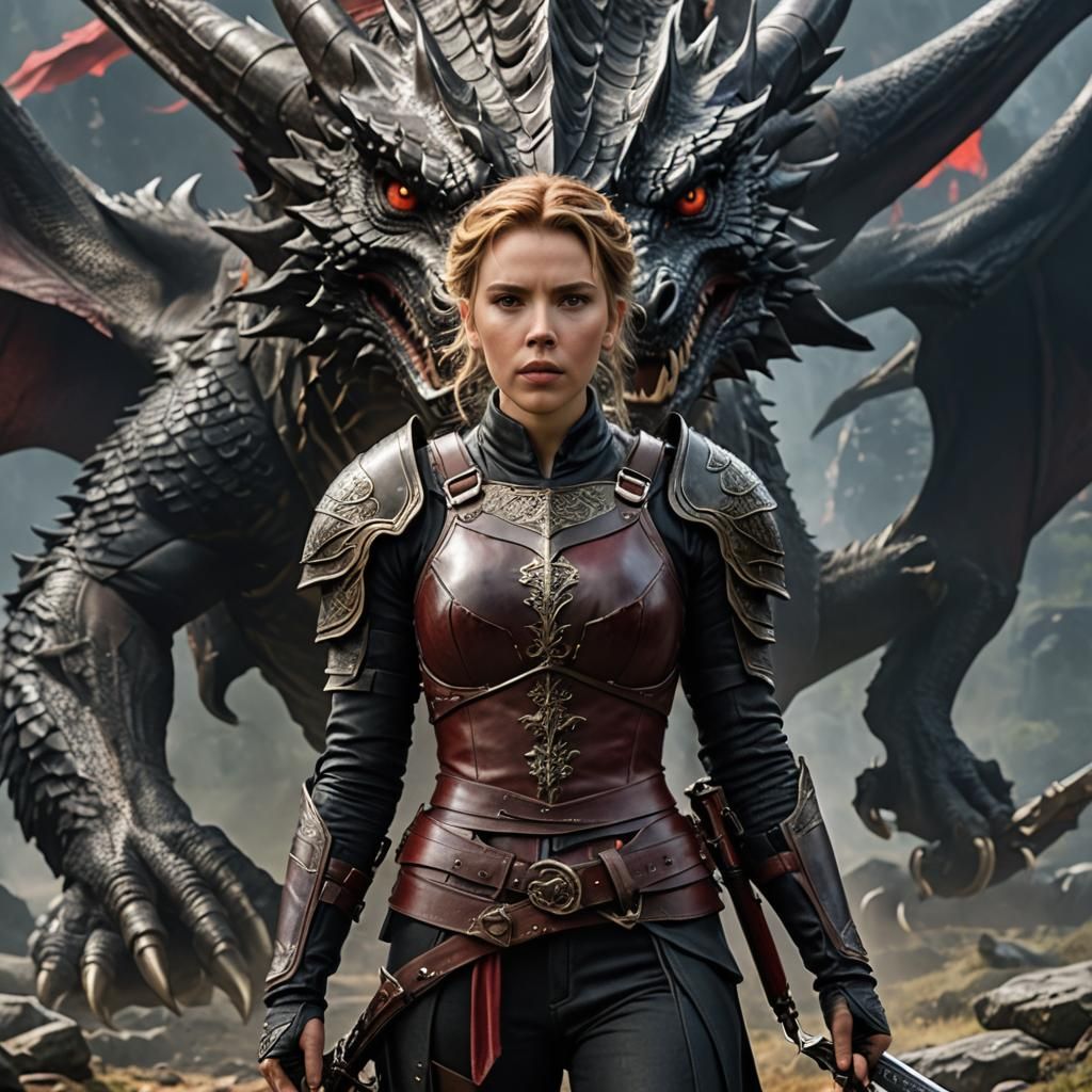 Warrior Woman and Dragon in Digital Art