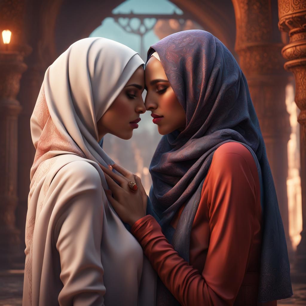 Lesbians Kissing in Hijab: Detailed Matte Painting