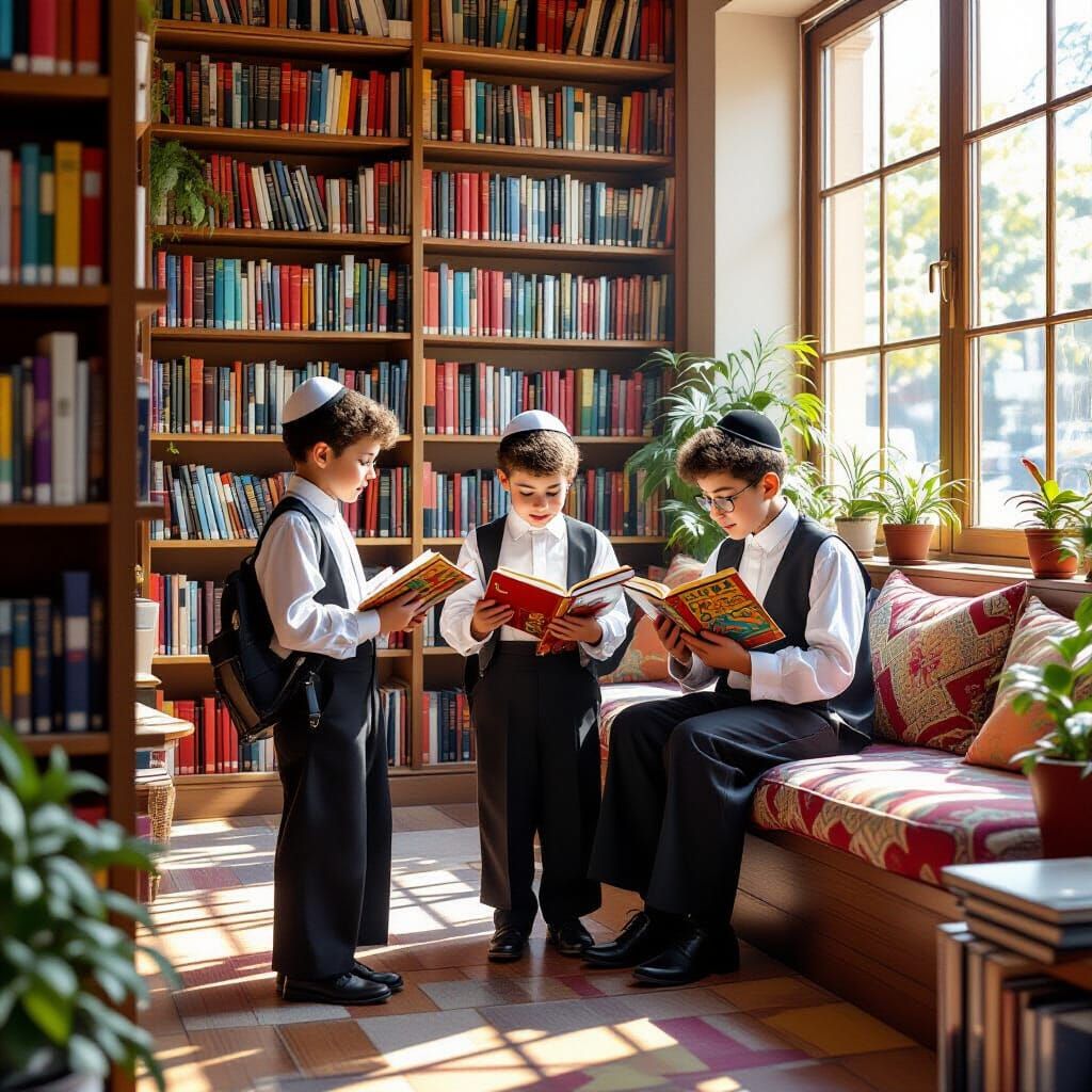 Haredi Boys Reading in a Vibrant Modern Library