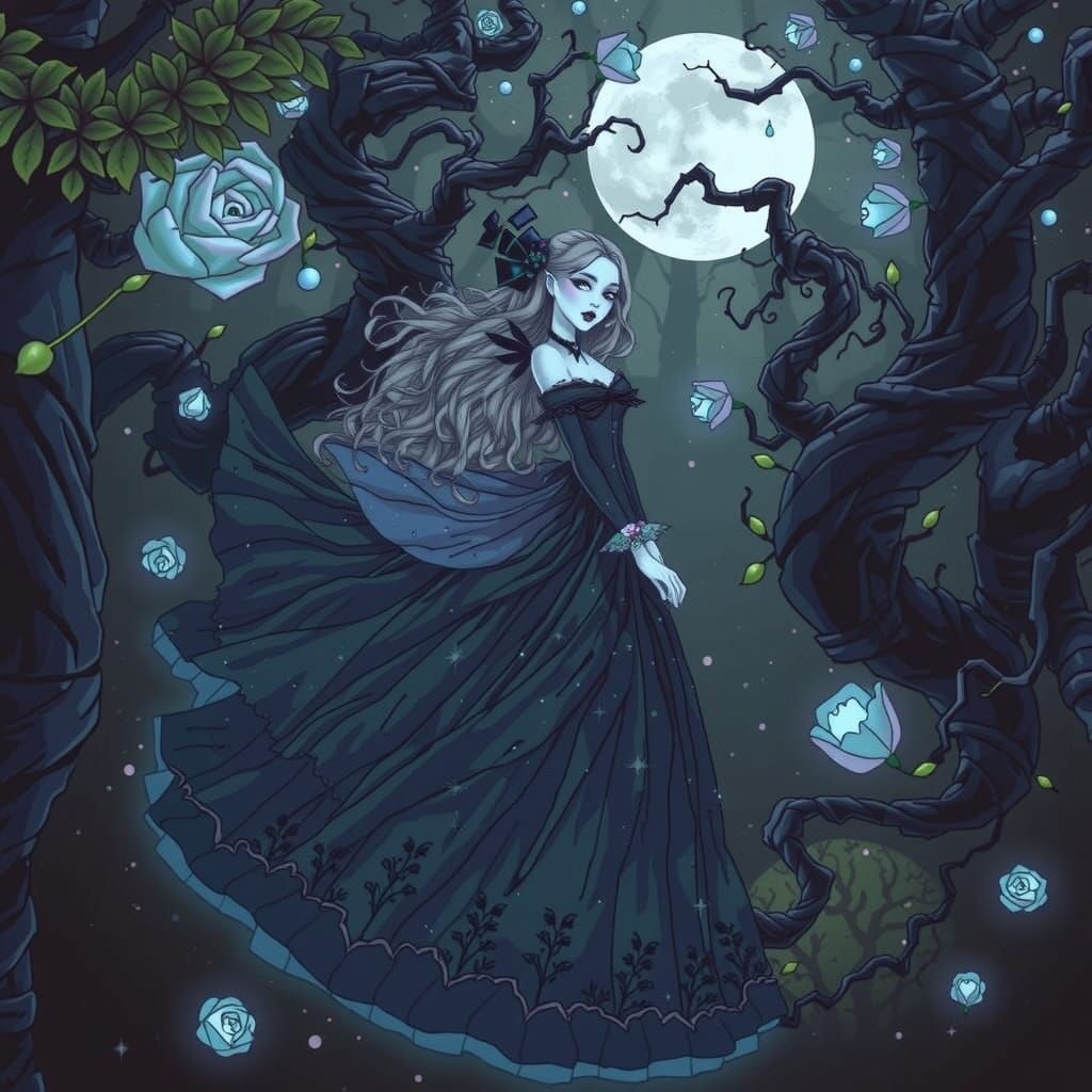 Dreamlike Garden with Eerie Whimsical Woman