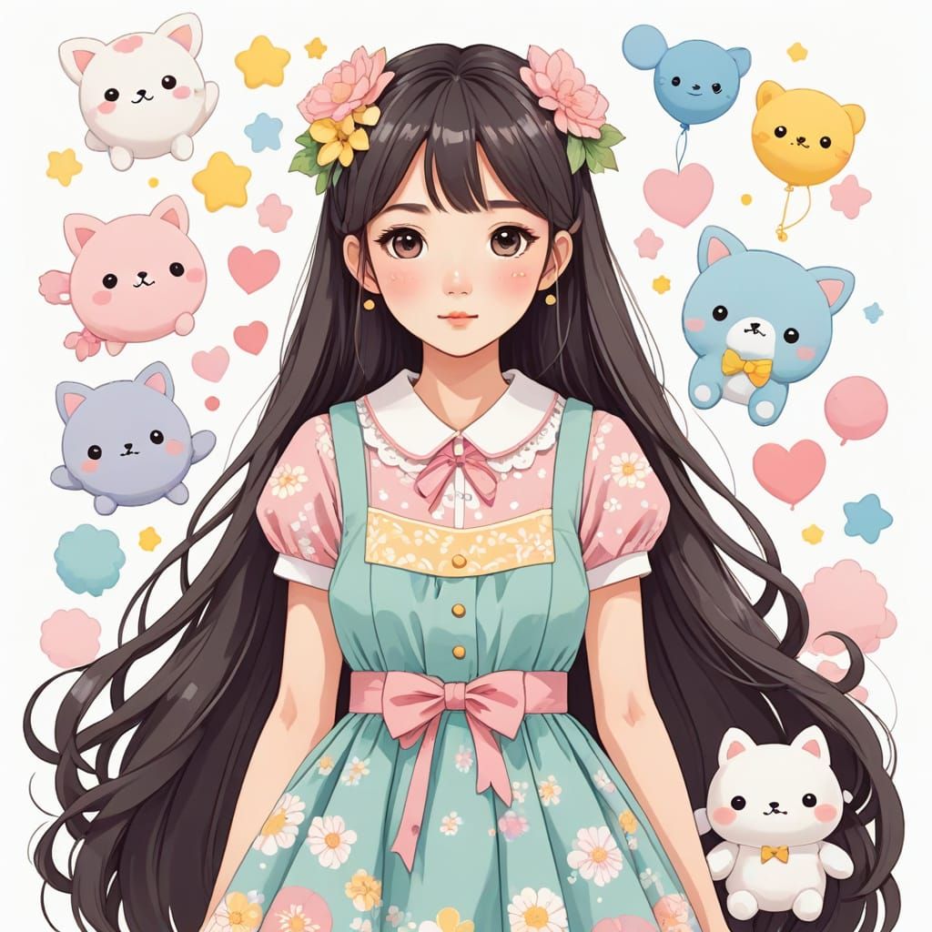 Anime Style Japanese Woman with Plushie in Pastel Colors