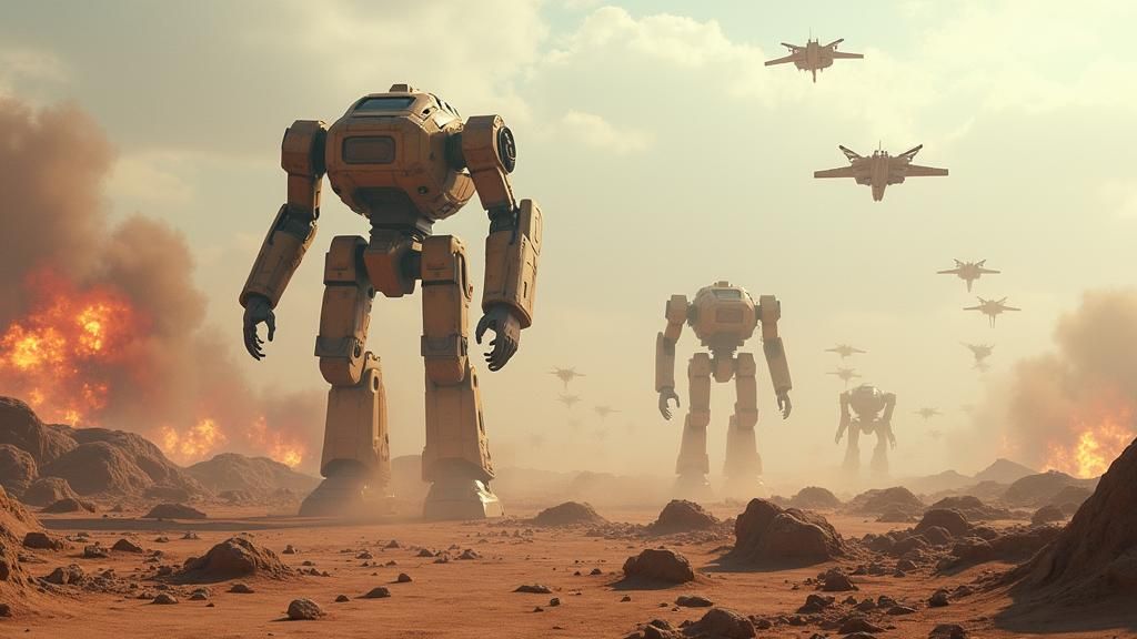 Futuristic Robot War in Desert Landscape