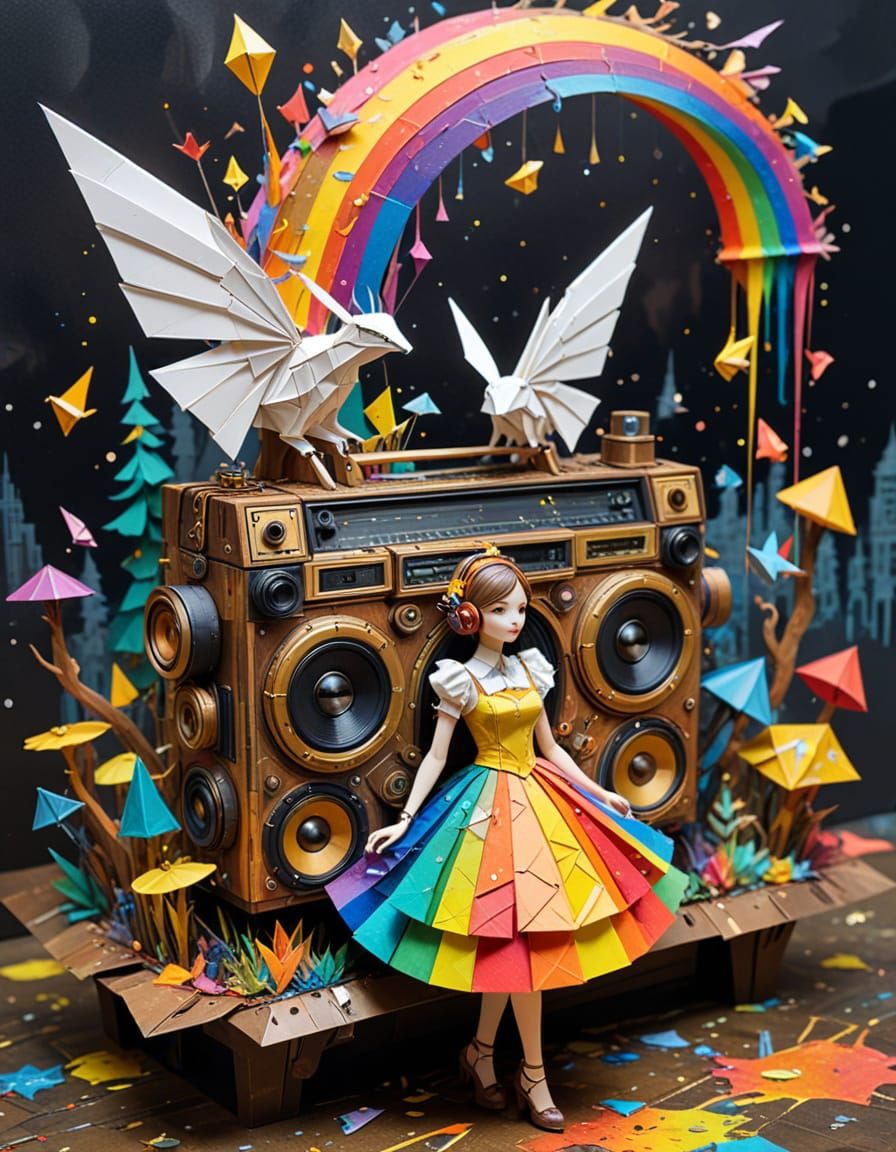 Steampunk Boombox in Origami Forest Splash Art