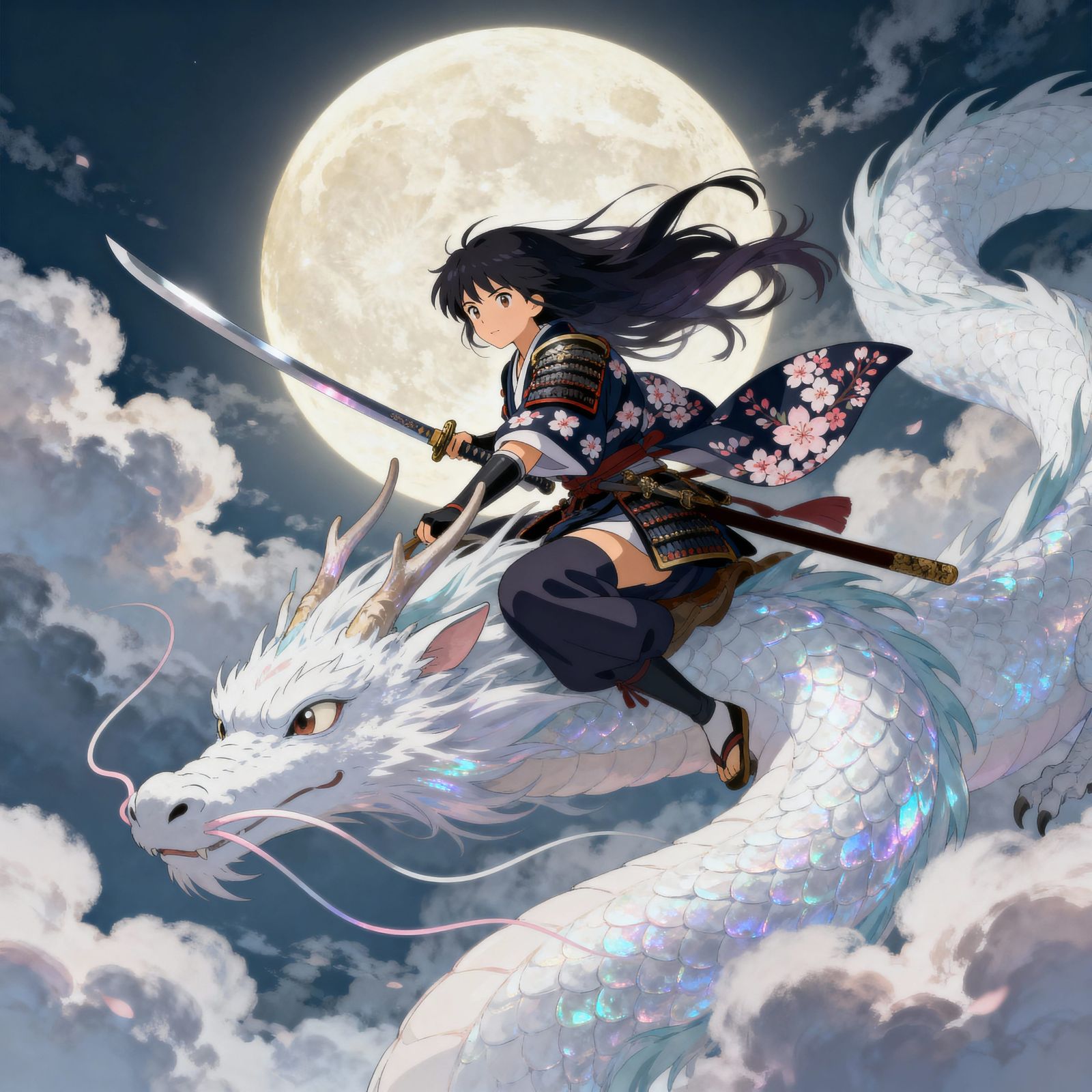 Blossom Dragon Rider Under Full Moon