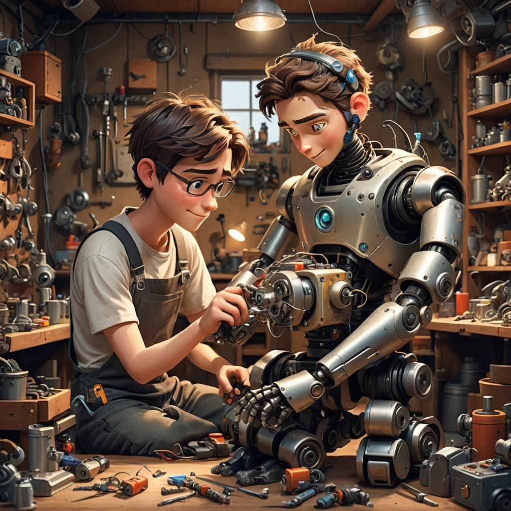 Mechanic and Robot Friendship, DreamWorks-Style Scene