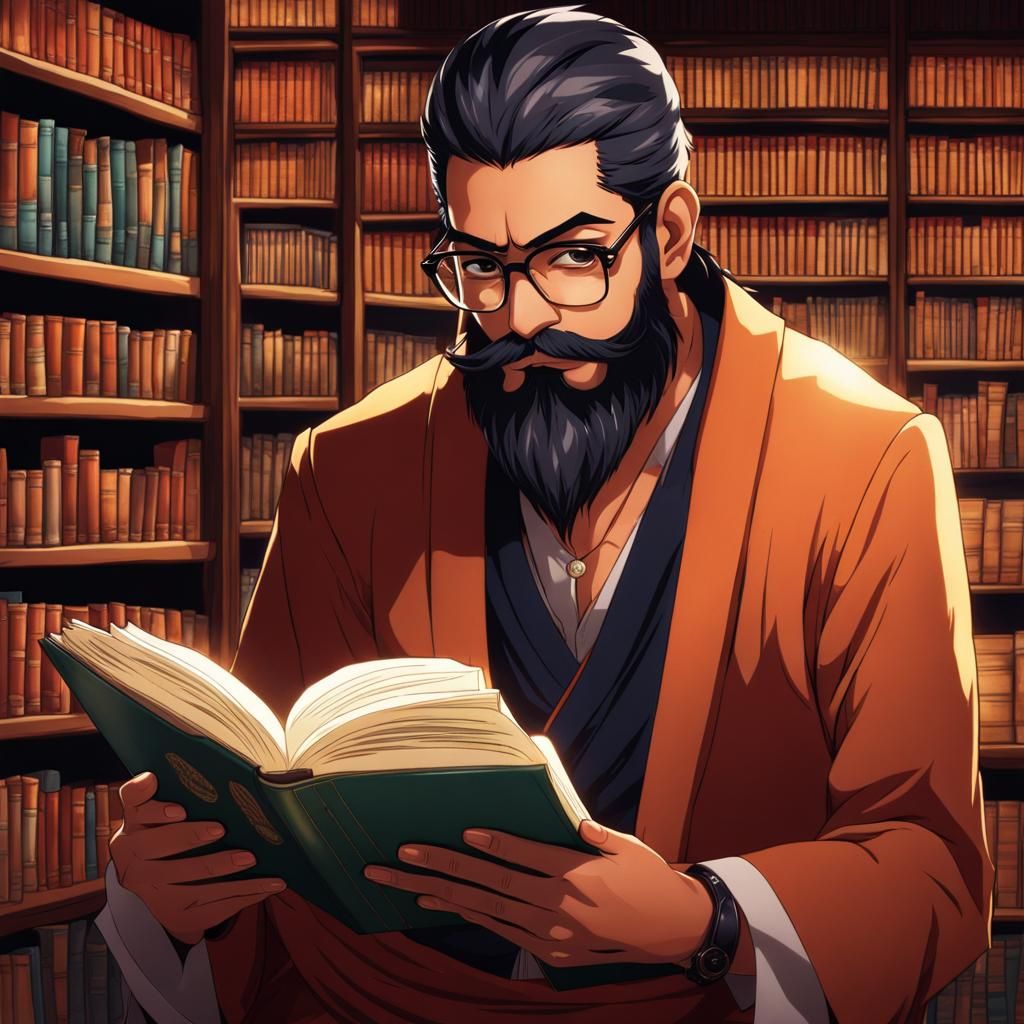 A portrait of an Indian Man, with diamond shaped head, black spectacles, beard.