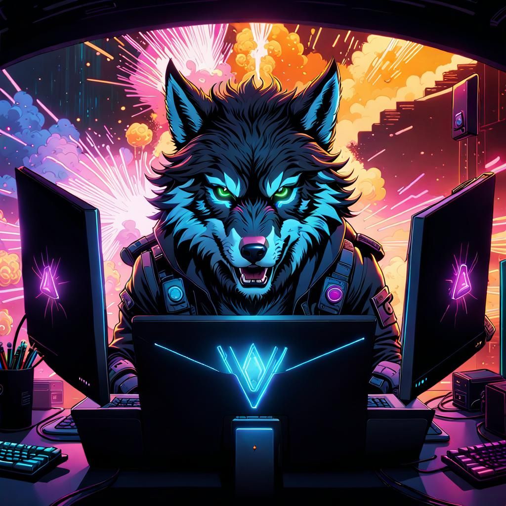 Werewolf Hacker in Neon Comic Book Art Style