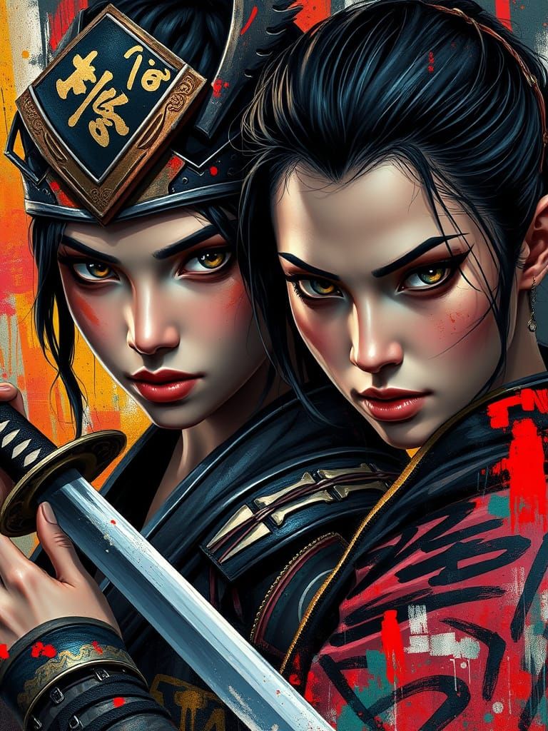 Hyperrealistic Samurai Warrior Portrait in Vibrant Graffiti ...