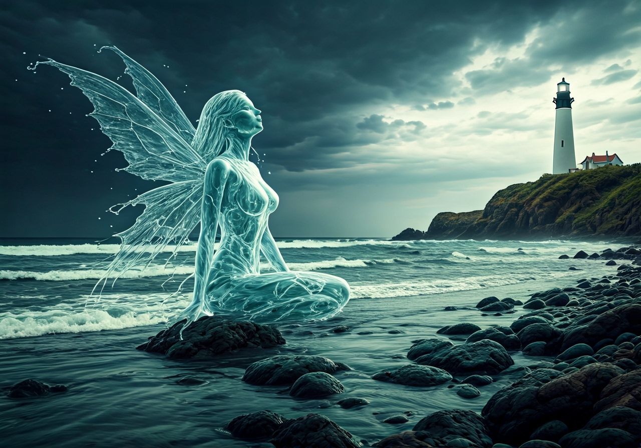 Water Fairy on Secluded Beach: Surreal Digital Art