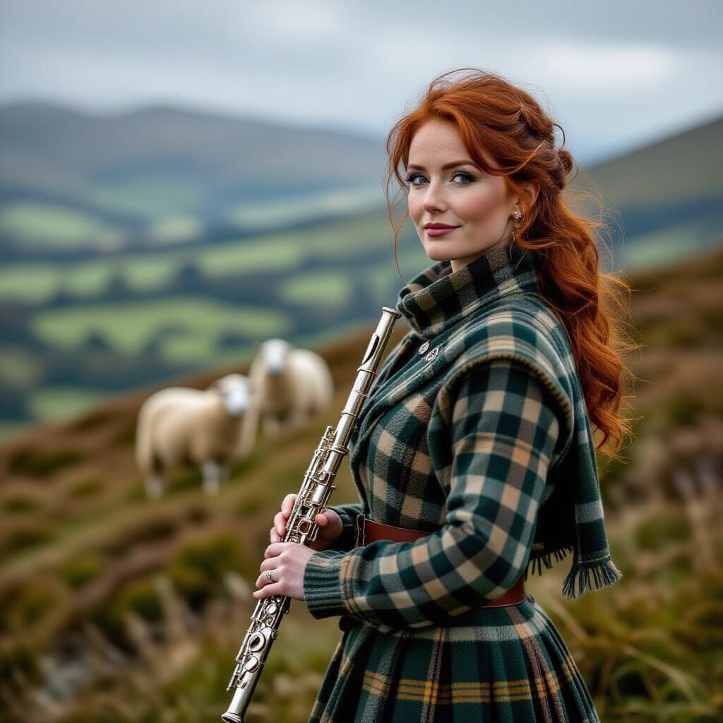 Irish Woman in Kilt on Rolling Hill with Flute