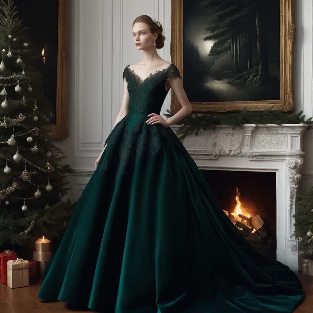 Luxurious Christmas Scene in Charcoal Drawing Style