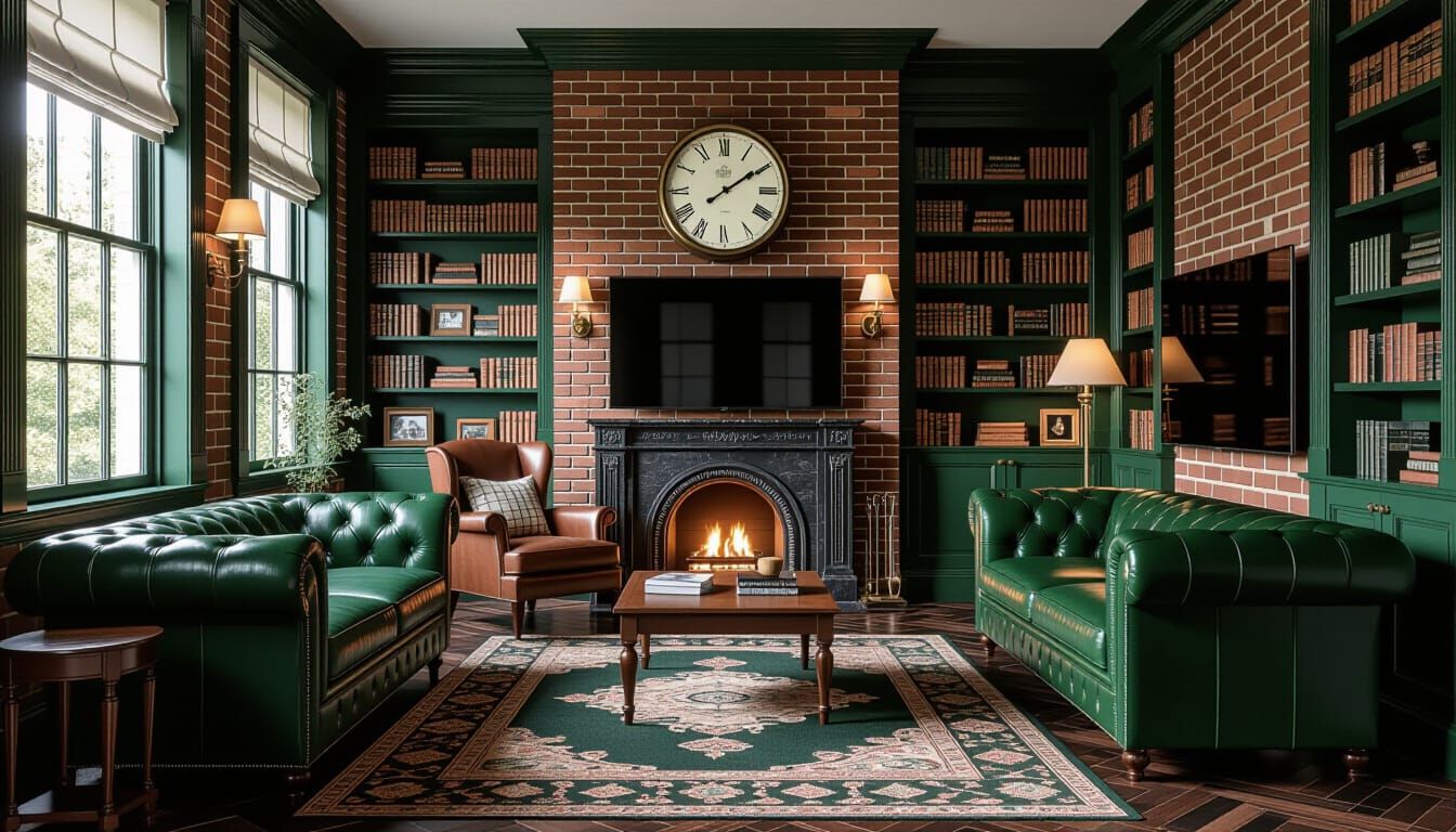 Vibrant Victorian Living Room with Fireplace and Bookshelves