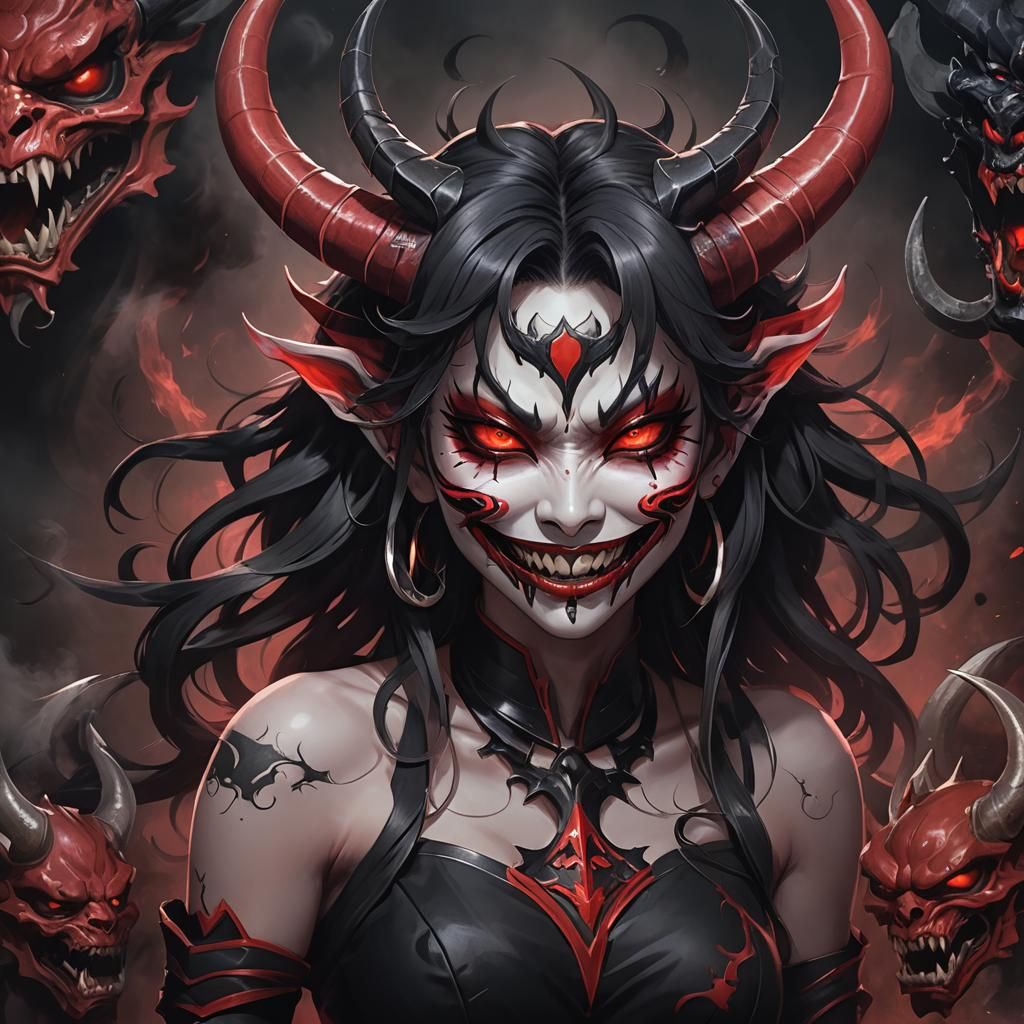Crimson Oni Mask Demoness in Anime Style