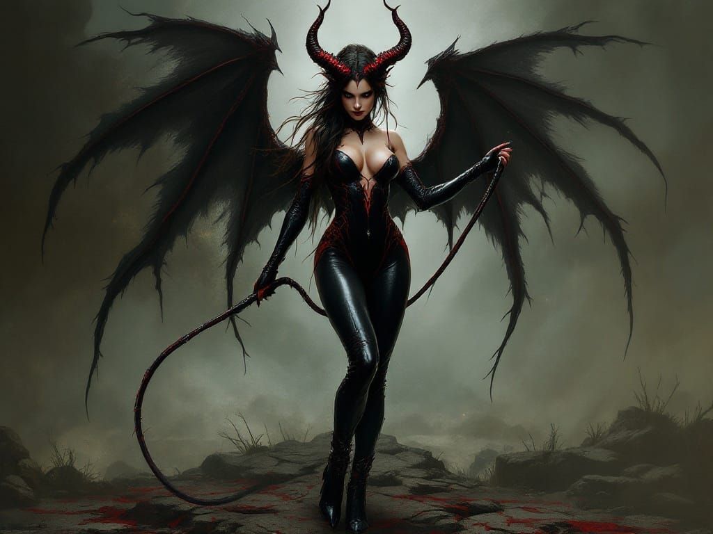 Gothic Demoness in Leather Body Suit and Boots