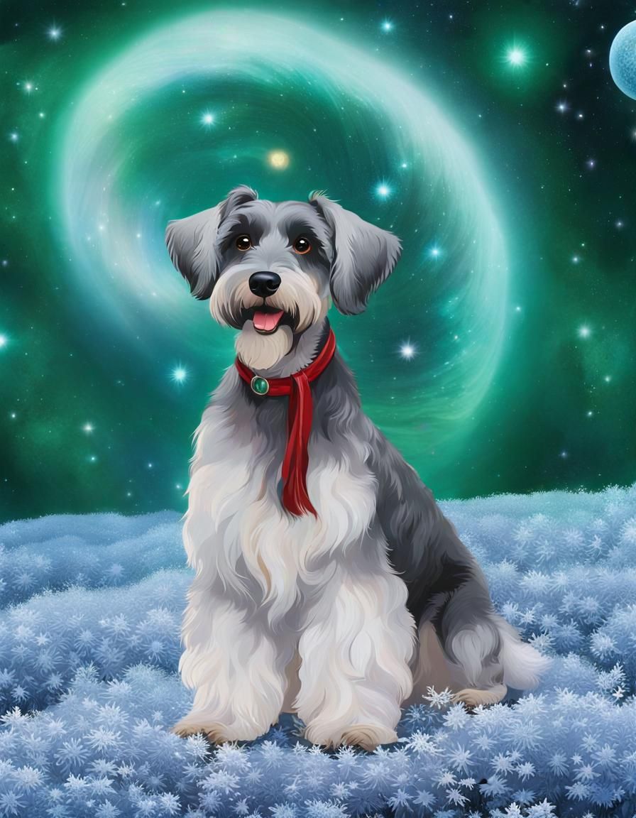 Cosmic Dancing Schnauzer with Emerald and Crimson Colors