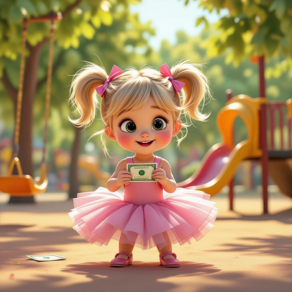Joyful Girl in Pink Tutu Plays with Dollar at Playground