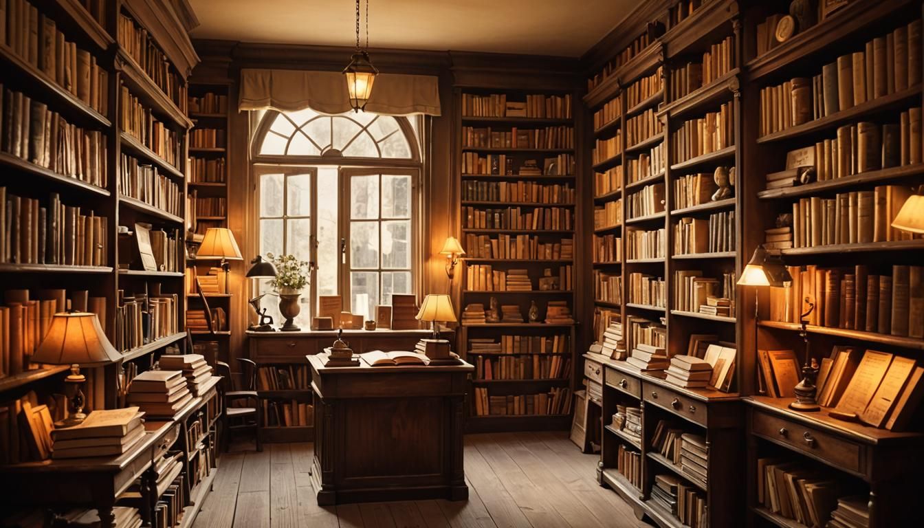 Whimsical English Bookshop with Warm Golden Light