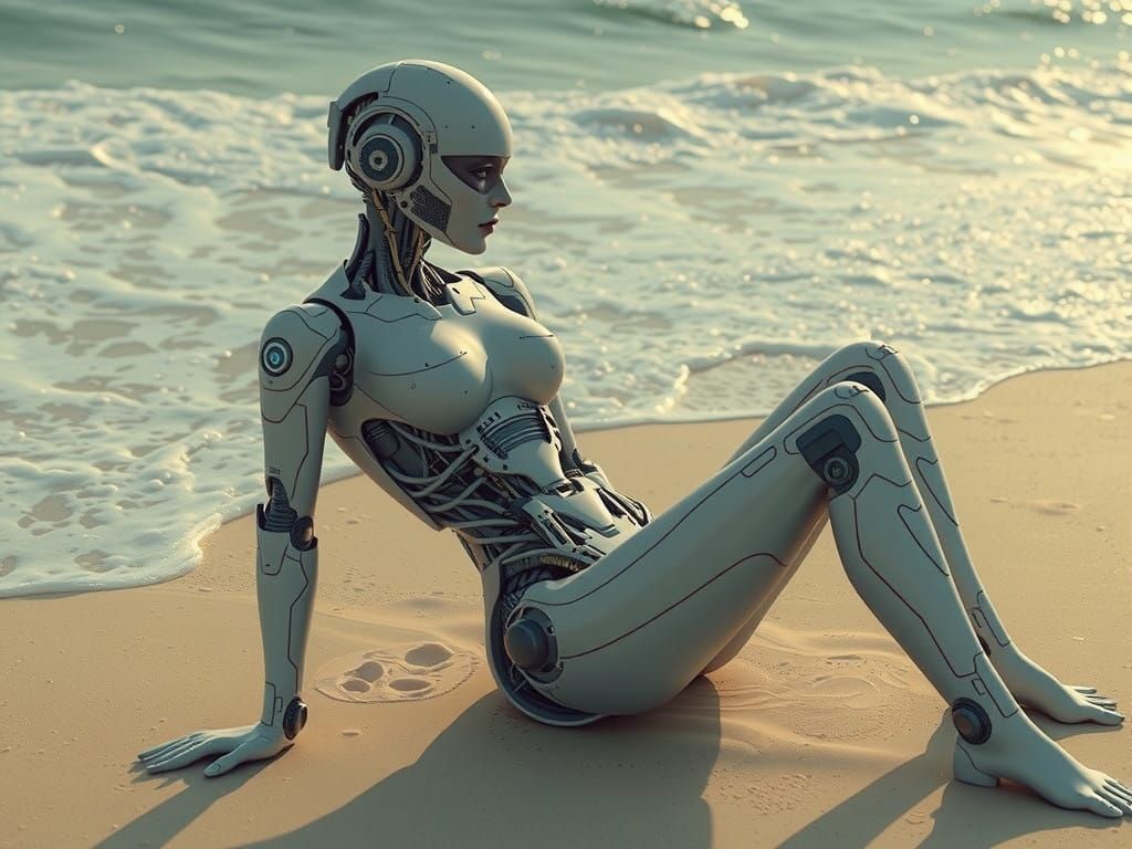 Futuristic Robot Goddess Relaxing at the Beach