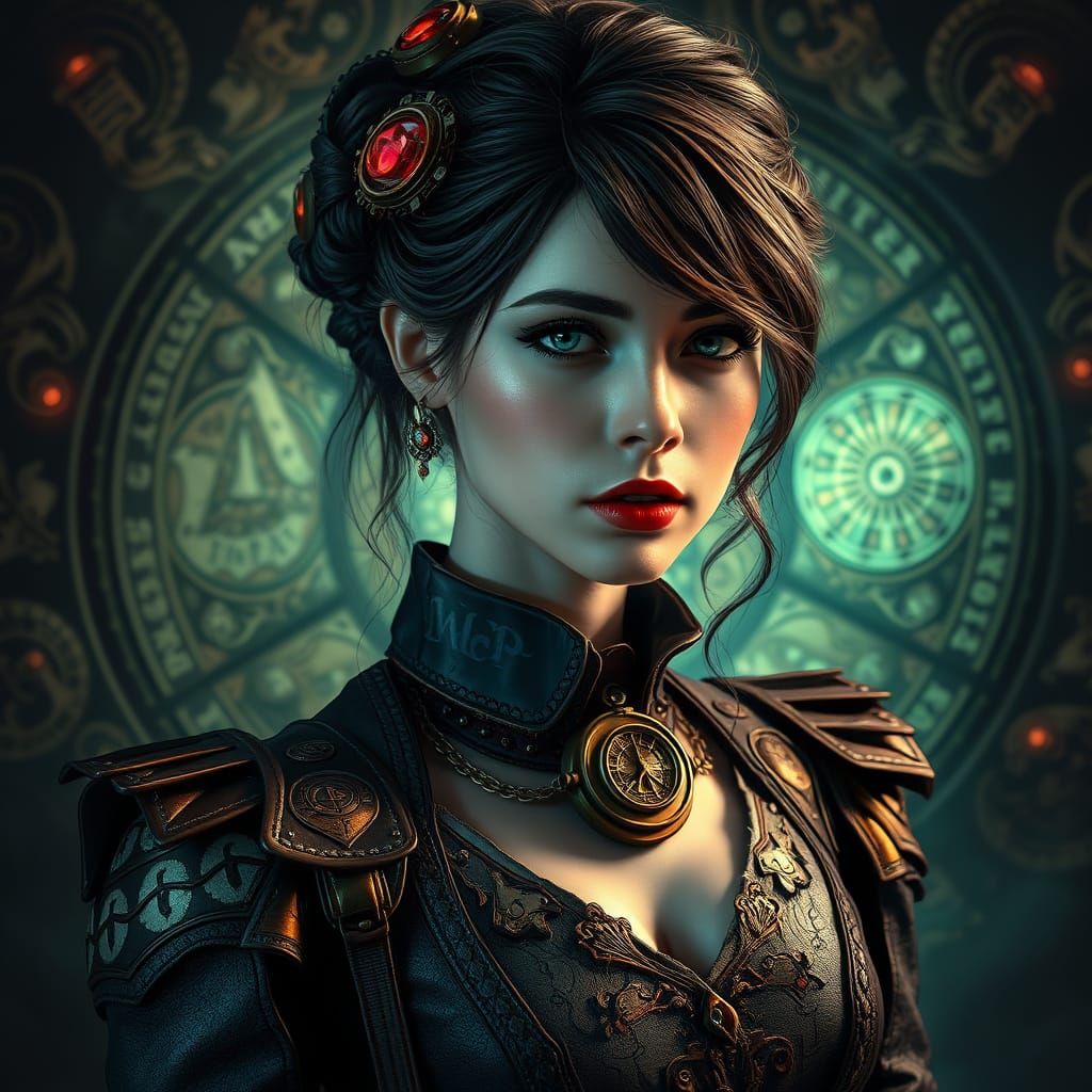 Gothic style portrait of Alexandra Daddario styled female character :: dressed in Steampunk