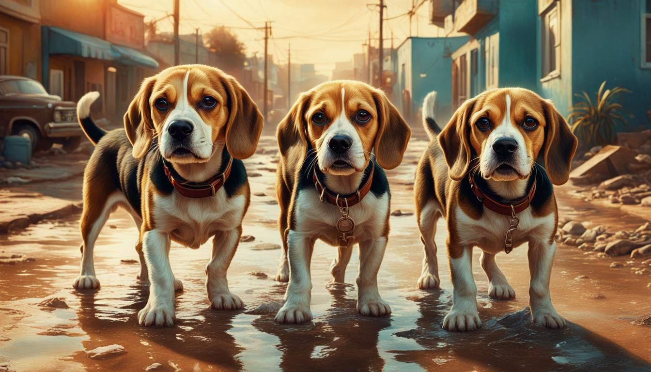 Hyperrealistic Beagle Squad in Golden Hour Vintage Style