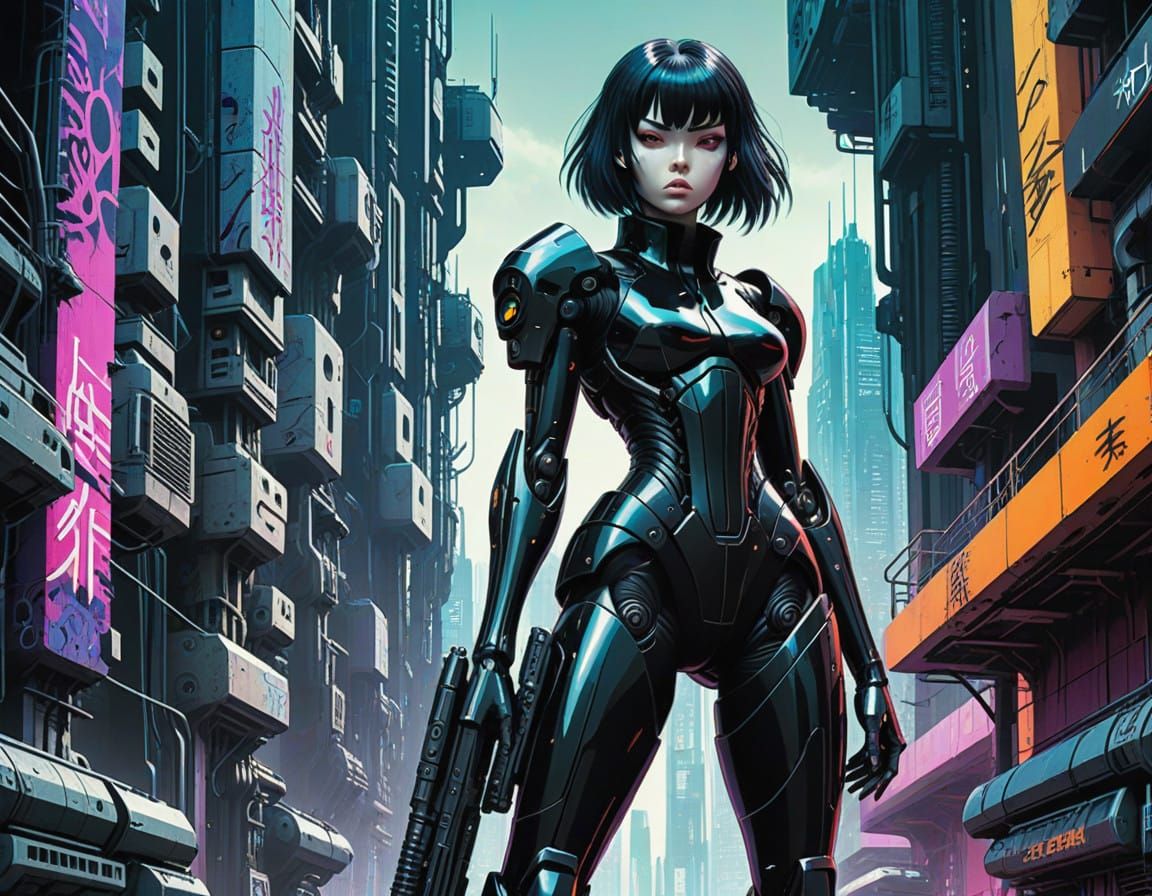 Cyberpunk Anime Girl Wields Bazooka in Neon Urban Jungle