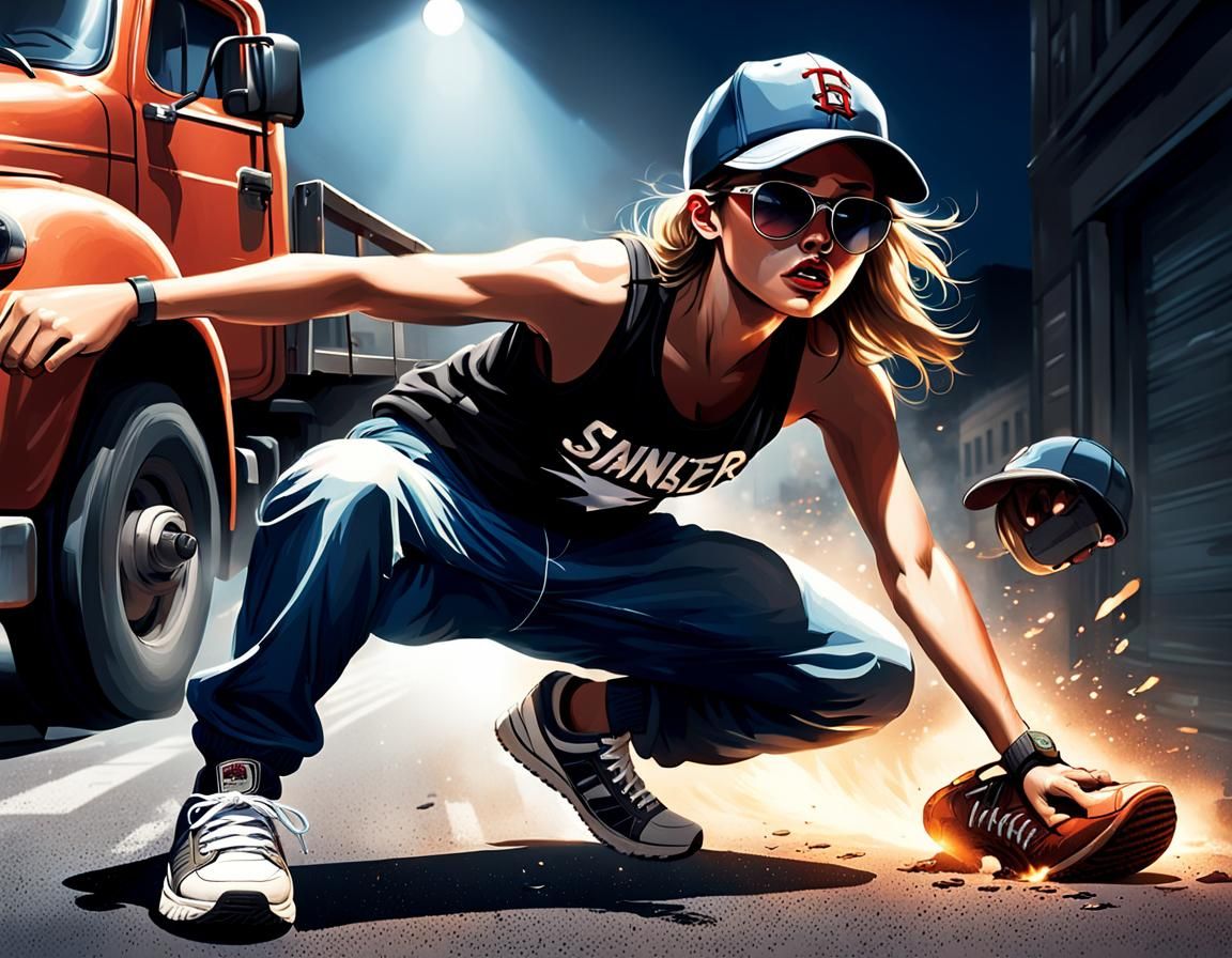 Woman Subduing Man at Night, Sinister Art Style