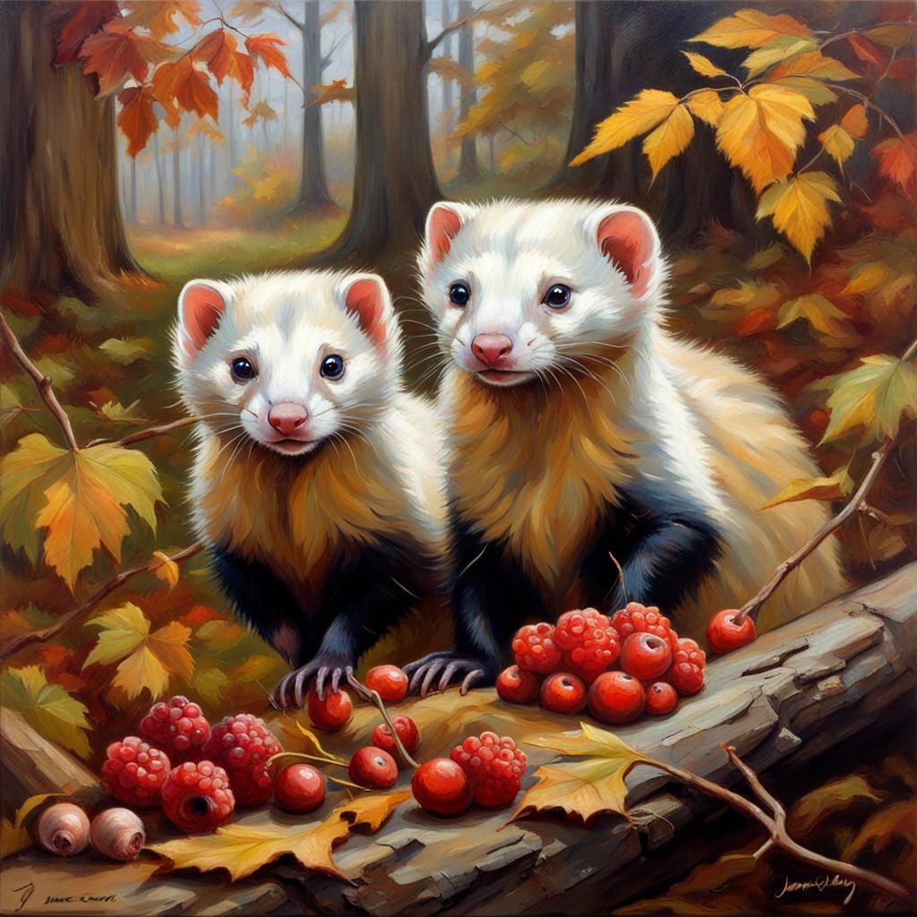 Ferrets Feast: An Autumnal Oil Painting