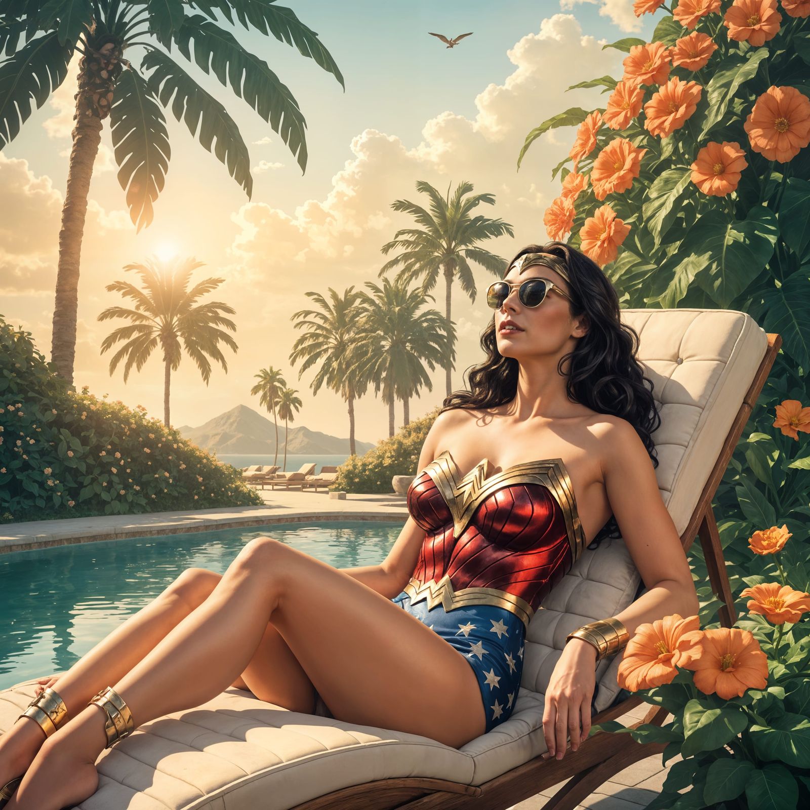 Elegant Wonder Woman Relaxing by the Pool in Art Nouveau Sty...