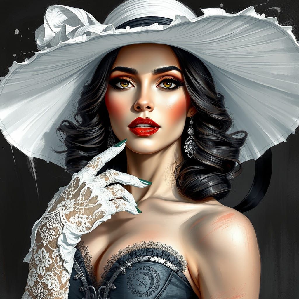 Elegant Brunette in Dramatic Corset, Adorned with Lace and E...