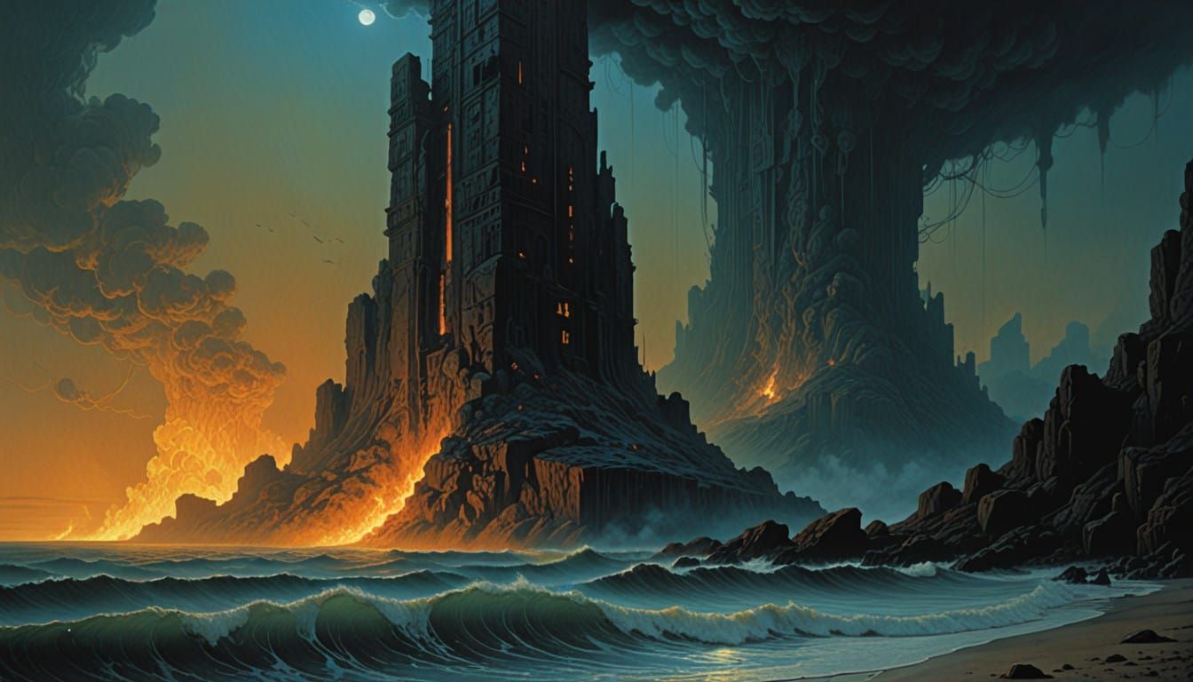 Cyberpunk Monolith Ignites Oceanic Inferno