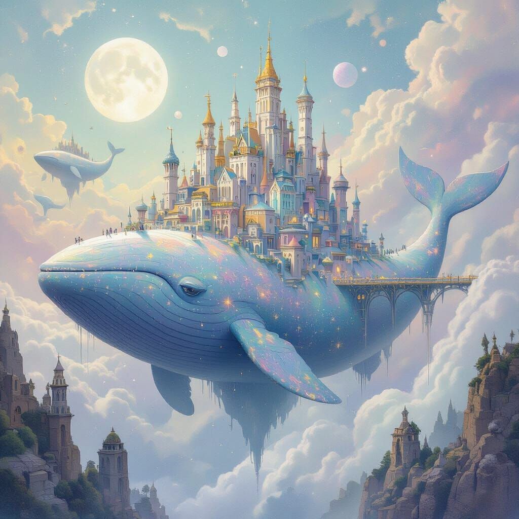 Celestial Whale City in Pastel Dreamscape