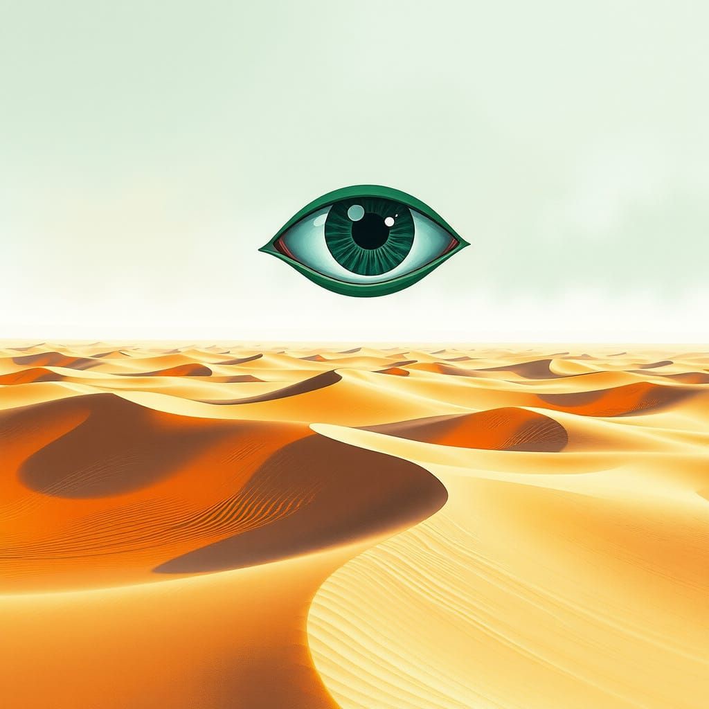 Surreal Desert Landscape with Luminous Green Eye