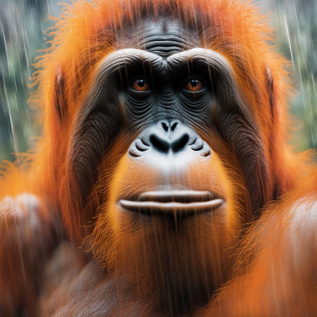 Mark Tobey abstract expressionist double exposure orange hairy orangutang close up staring and foggy rain forrest  in su...