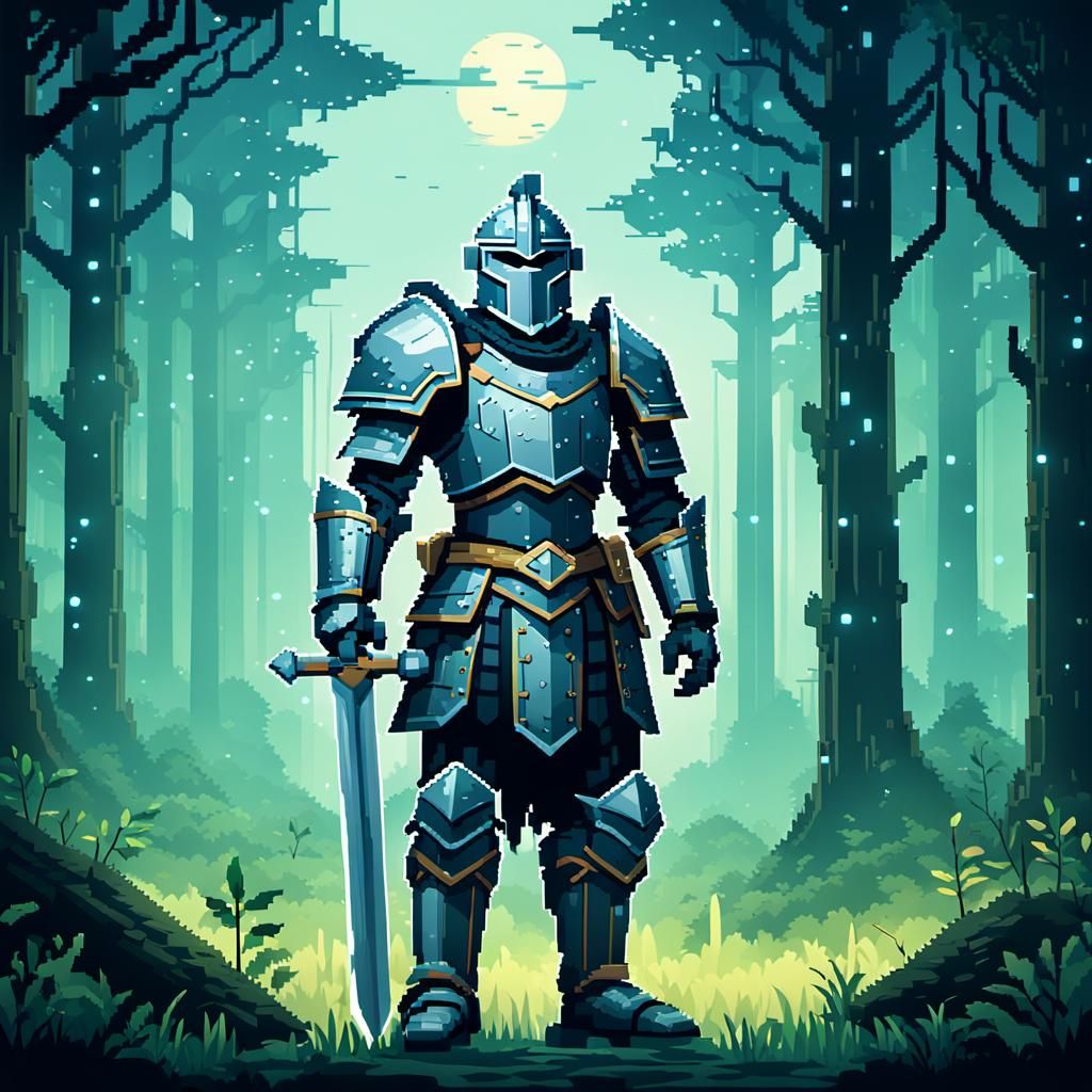 Fantasy Warrior in Pixel Art Forest