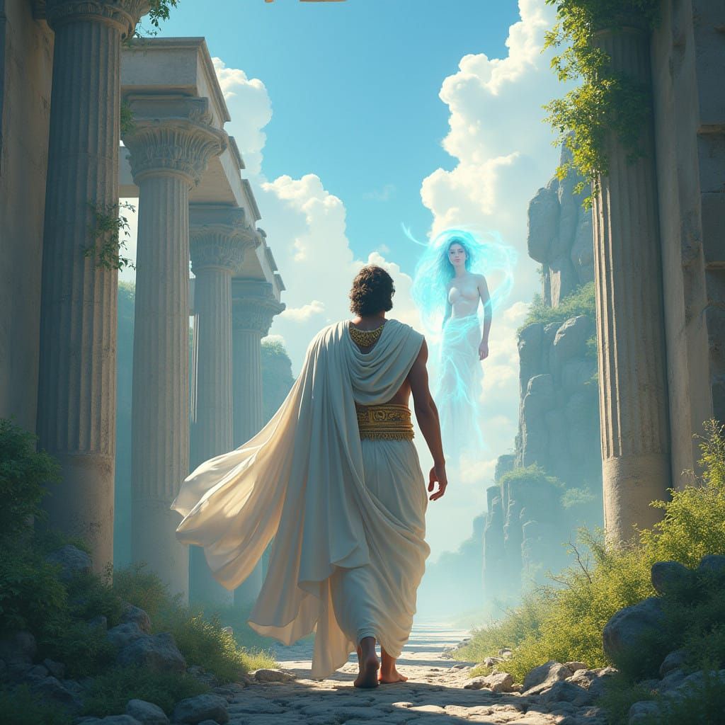 Greek God Emerging from Iridescent Mist in Dreamlike Landsca...