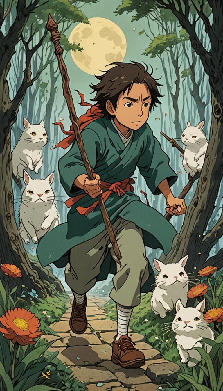 Seven of Wands Tarot in Studio Ghibli Style