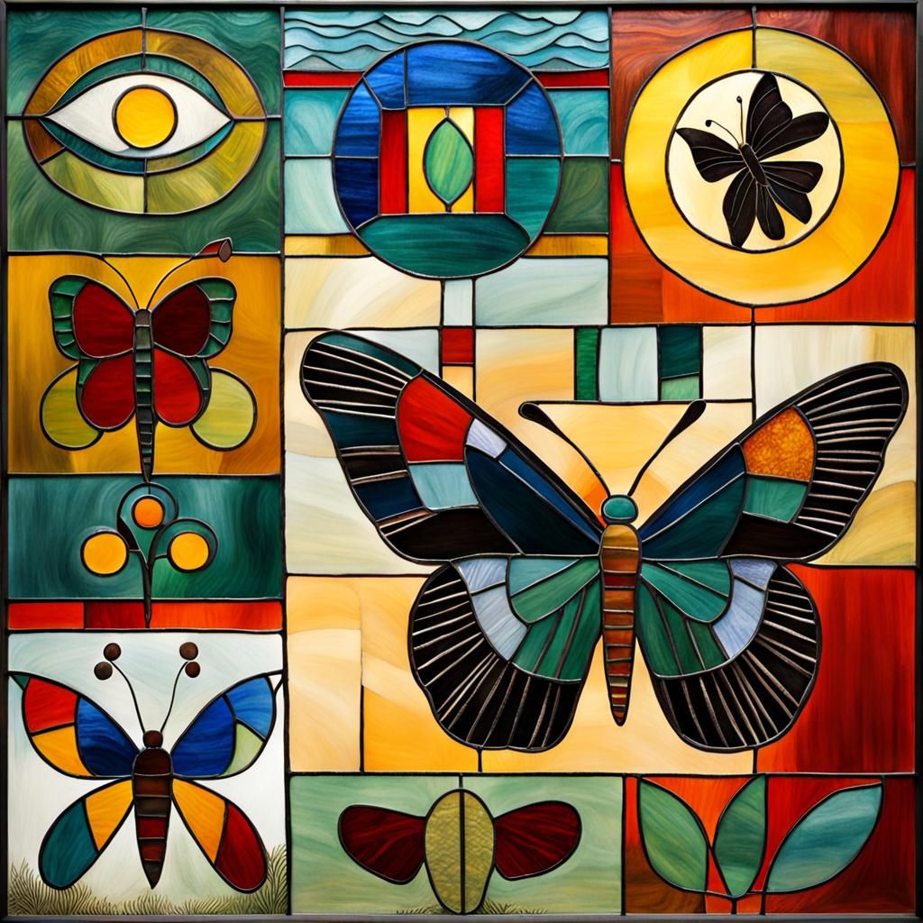Abstract Stained Glass Butterflies in Cubist Style