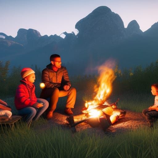 Family Around Campfire Enjoying Summer Night