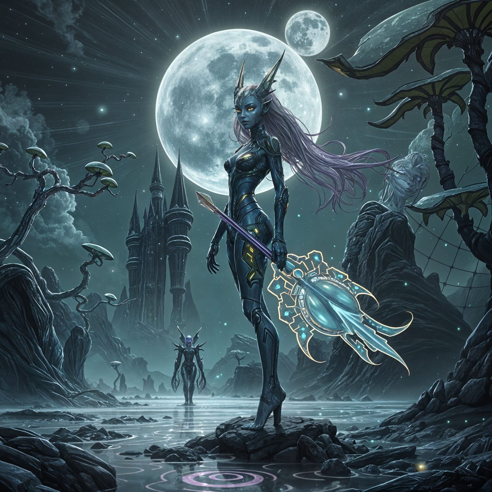 Amazonian Alien Warrior in Emerald and Amethyst Armor