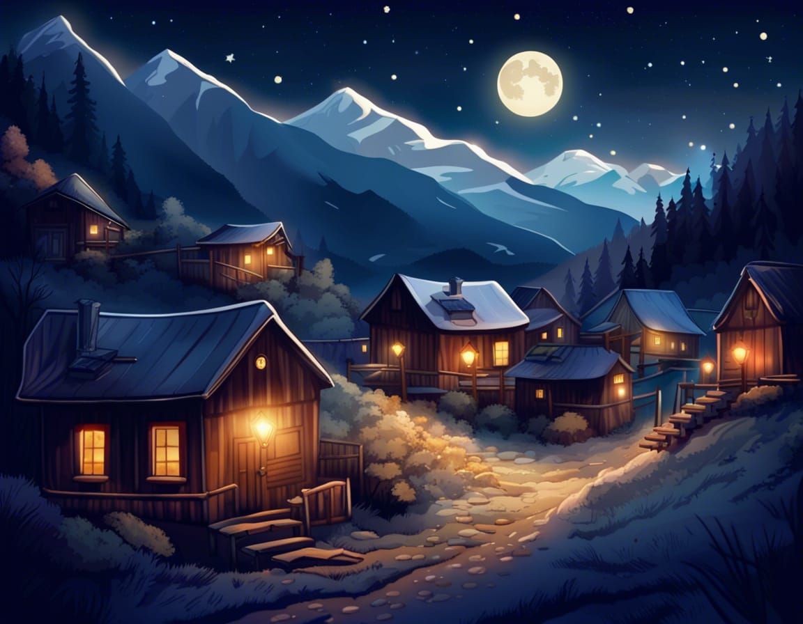 Cozy Mountain Village at Night Under Bright Stars